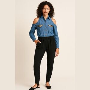 Vintage 90's Denim Cold Shoulder Jumpsuit w/Black Stirrup Pants w/Pockets Size 4